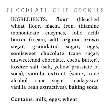 ingredient label for heathcote bakery chocolate chip cookies